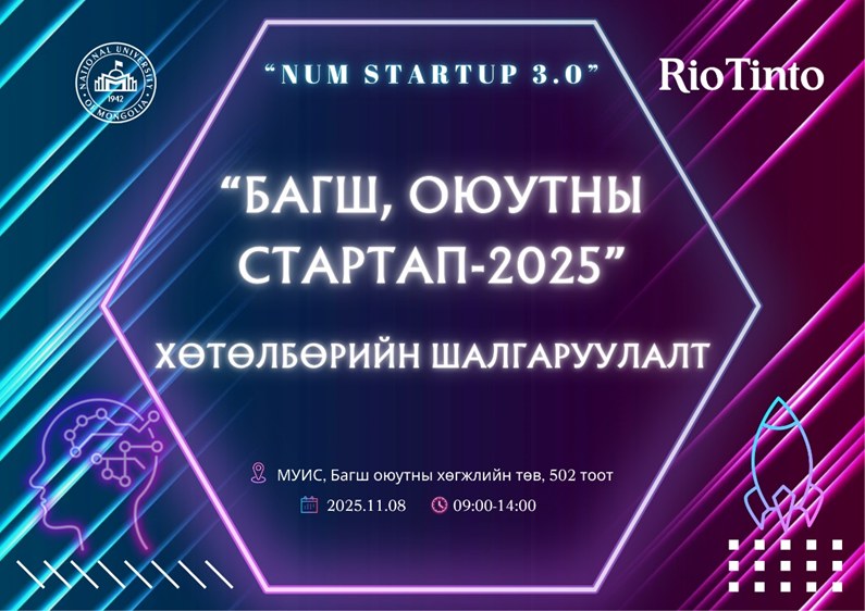 МУИС-ИЙН “БАГШ, ОЮУТНЫ СТАРТАП-2025” (NUM STARTUP 3.0) ХӨТӨЛБӨРИЙН ШАЛГАРУУЛАЛТ АМЖИЛТТАЙ БОЛЖ ӨНДӨРЛӨЛӨӨ. 
